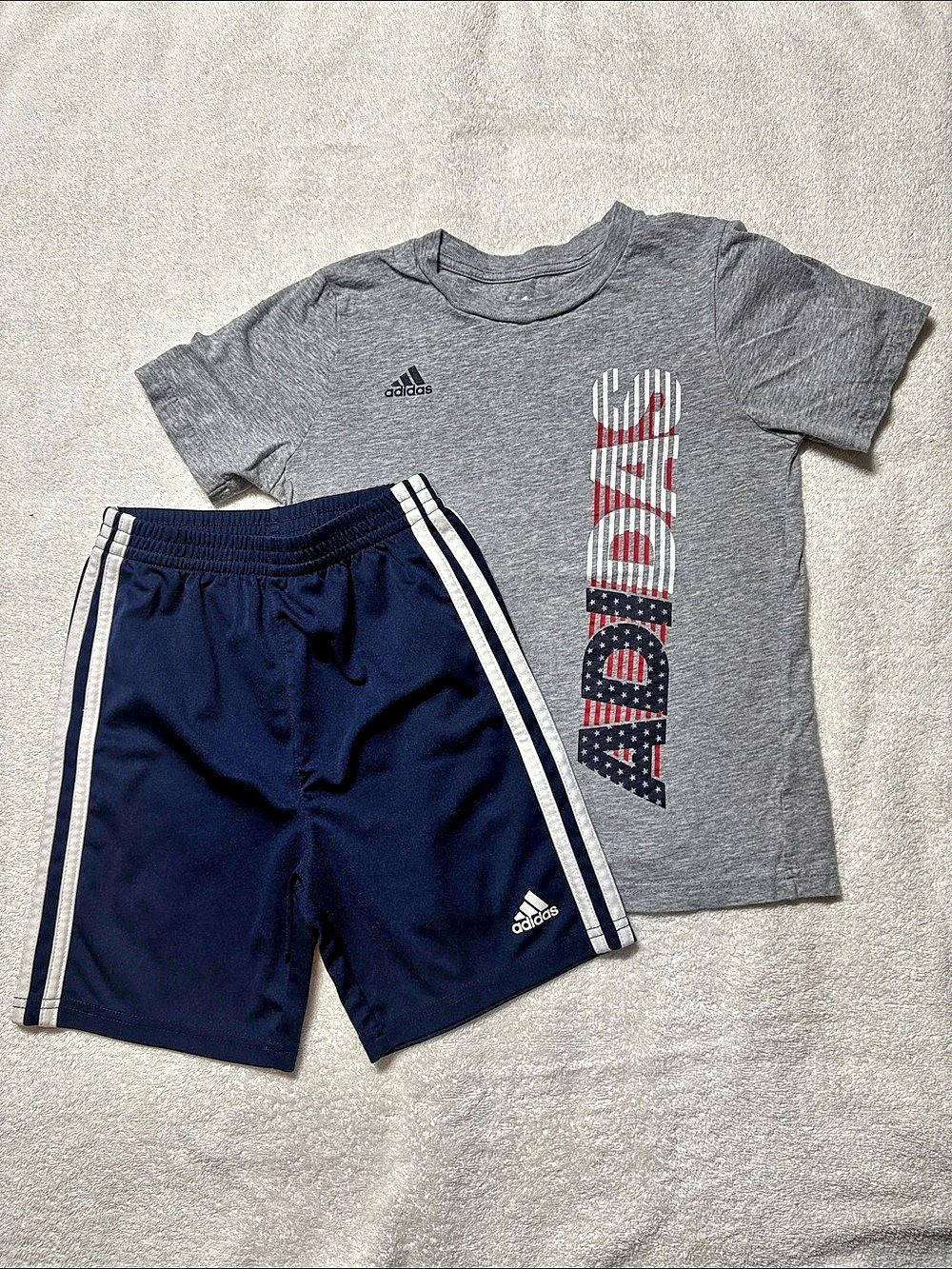 adidas Boys USA Flag Logo Tee and Shorts Set Gray & Blue